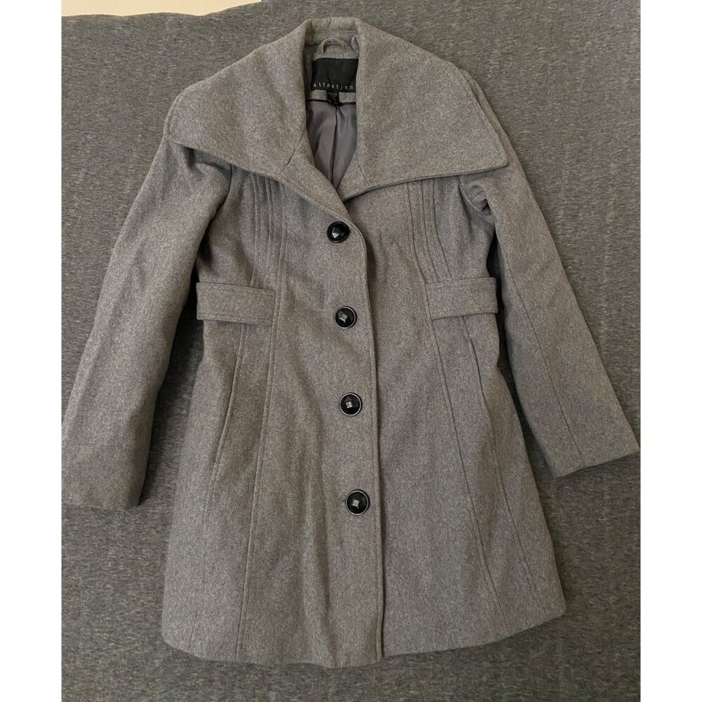 Attention Womens Gray‎ Wool Blend Pea Coat Medium Button Closure Fully Lined
